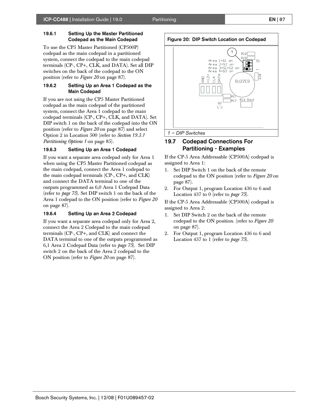 Bosch Appliances ICP-CC488| Installation Guide, Partitioning, En, 19.6.3Setting Up an Area 1 Codepad, 1 – DIP Switches 