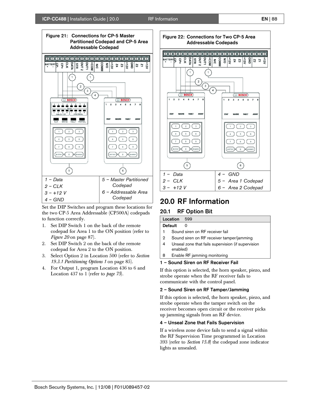 Bosch Appliances manual 20.0RF Information, 20.1RF Option Bit, ICP-CC488| Installation Guide 