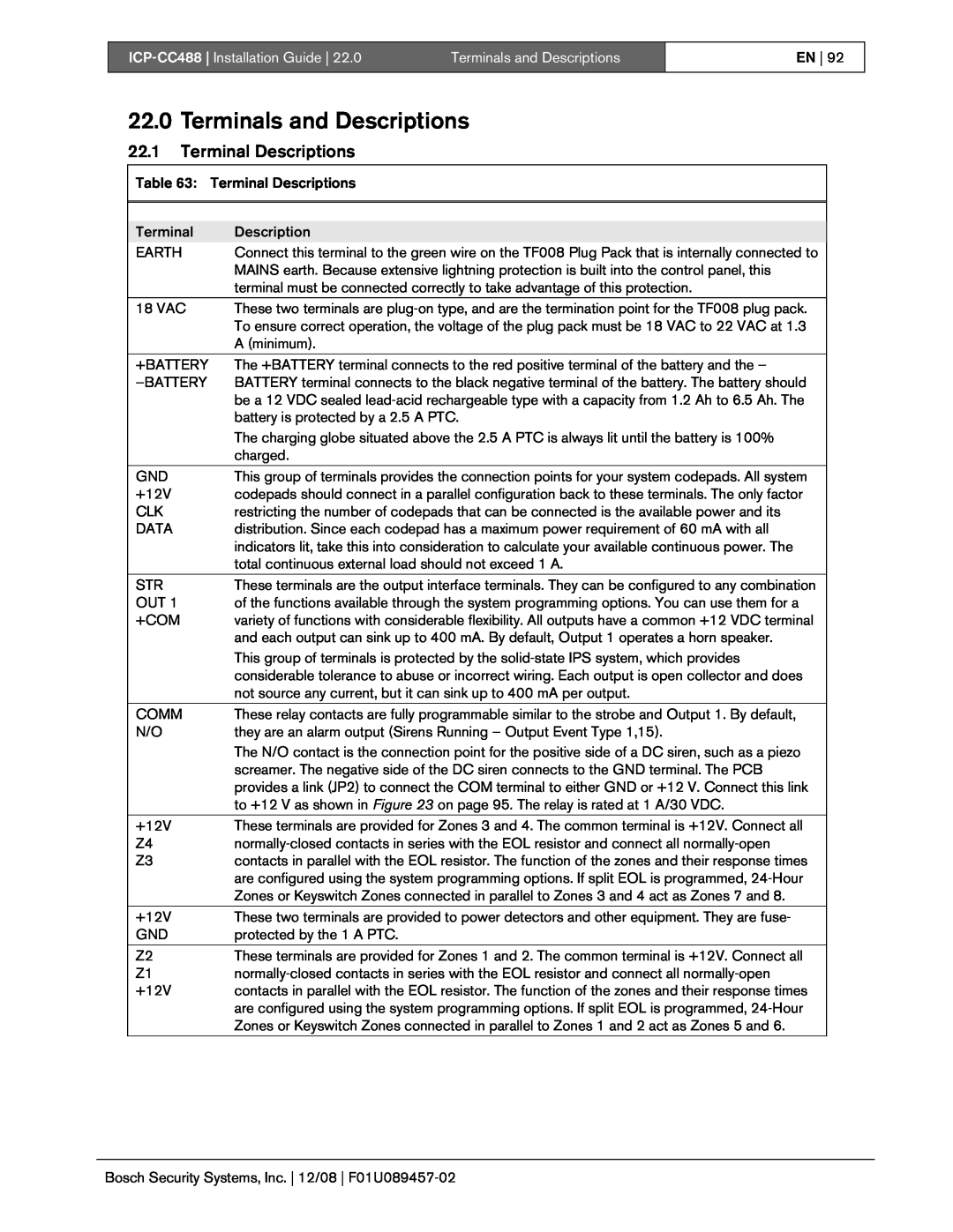 Bosch Appliances manual 22.0Terminals and Descriptions, 22.1Terminal Descriptions, ICP-CC488| Installation Guide 