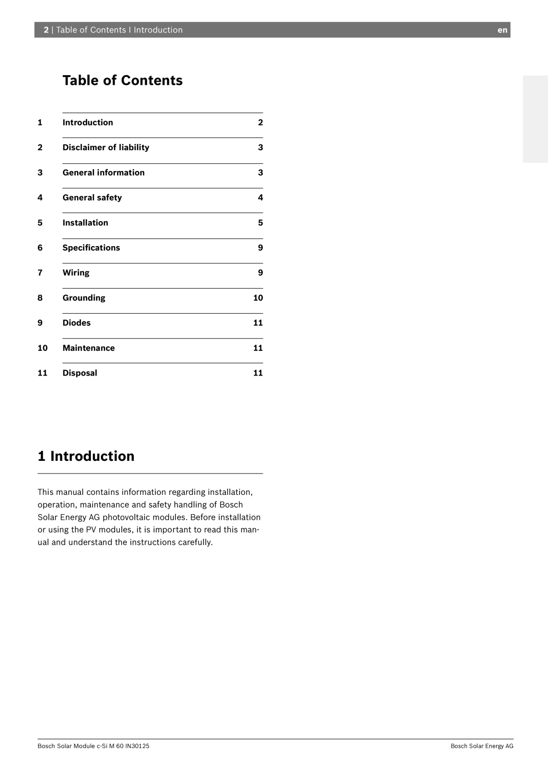 Bosch Appliances IN30125 Table of Contents, Disclaimer of liability, Introduction, General information 