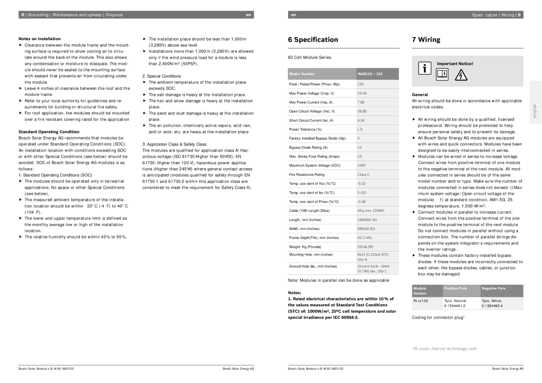 Bosch Appliances IN30125 Specification, Wiring, Standard Operating Condition, Important Notice General 