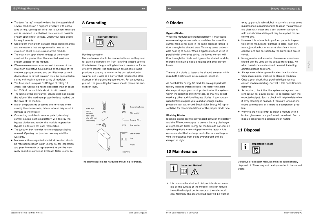 Bosch Appliances IN30125 installation and operation guide Grounding, Diodes, Disposal, Maintenance 