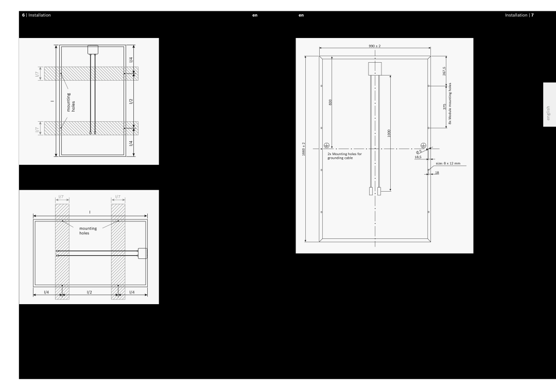 Bosch Appliances IN30125 Installation, english, l mounting holes, Mounting area, vertical, Mounting area, horizontal 