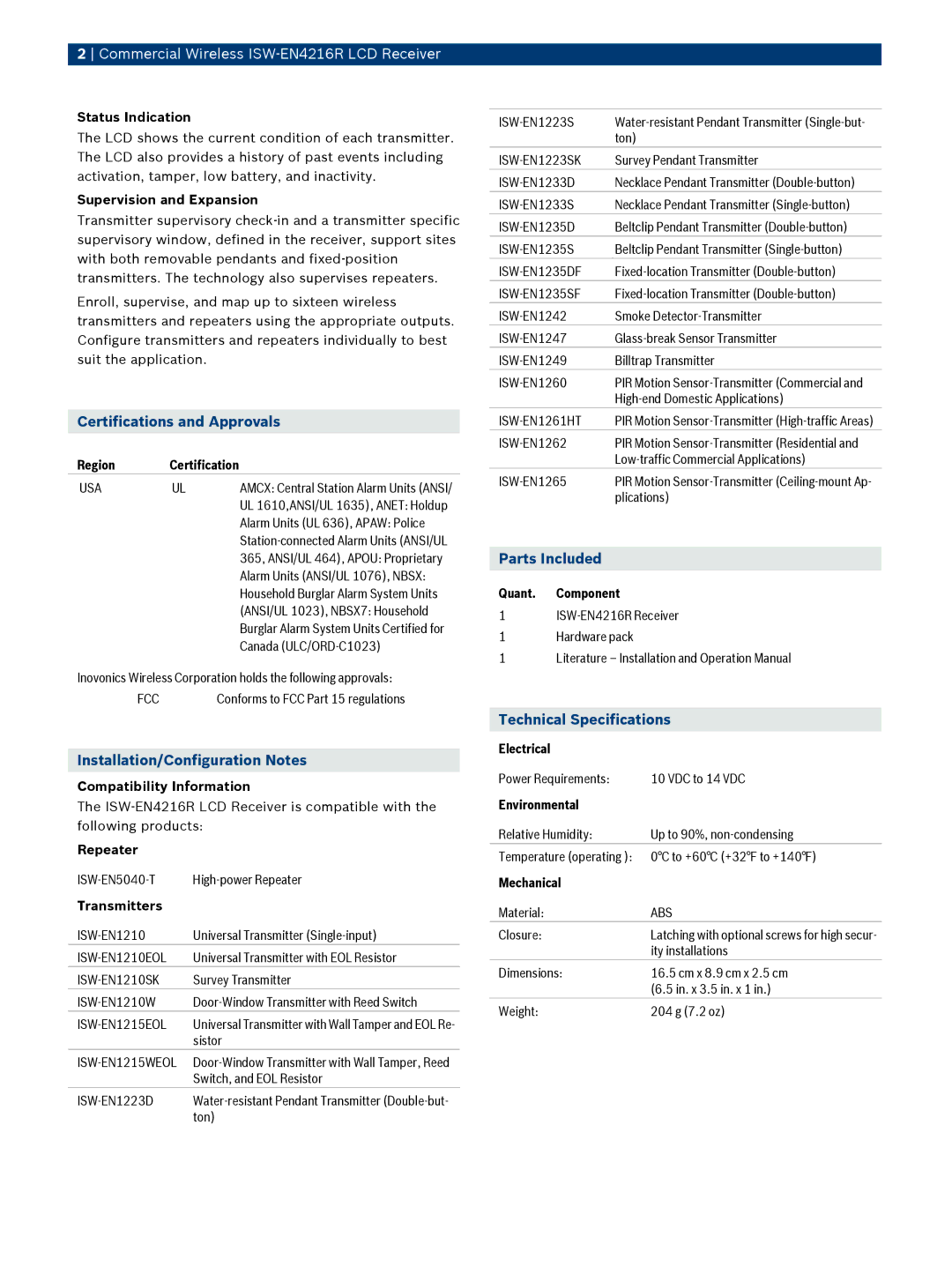 Bosch Appliances ISW-EN4216R manual Certifications and Approvals, Installation/Configuration Notes, Parts Included 