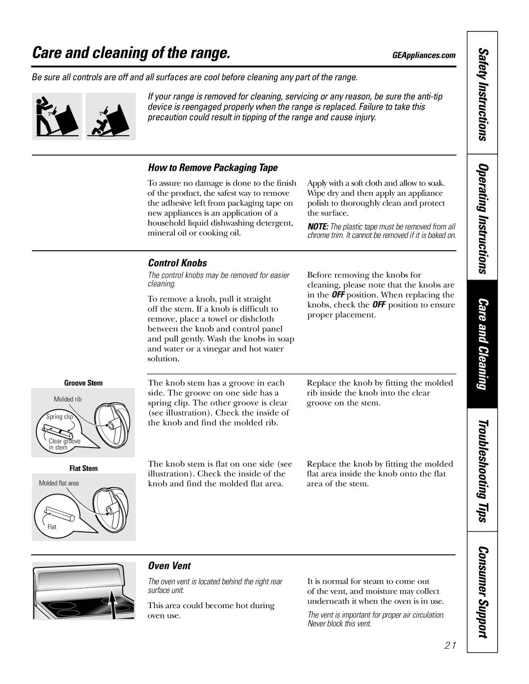 Bosch Appliances JBP80 Care and cleaning of the range, Safety Instructions Operating Instructions, Control Knobs 