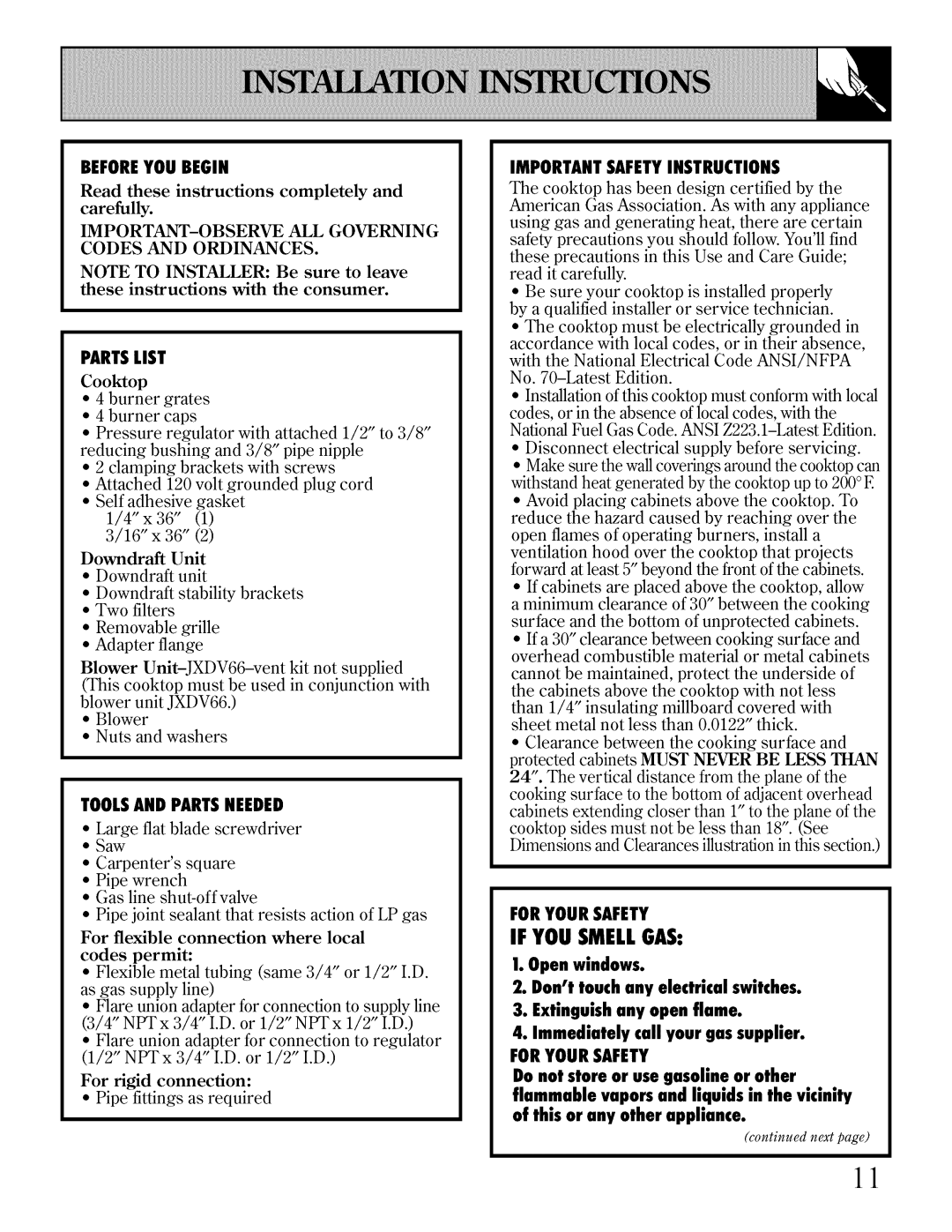 Bosch Appliances JGP640, JGP641 installation instructions If YOU Smellgas 