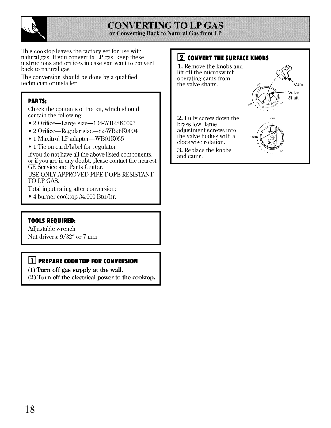 Bosch Appliances JGP641, JGP640 installation instructions Parts, Toolsrequired, Convertthe Surfaceknobs 