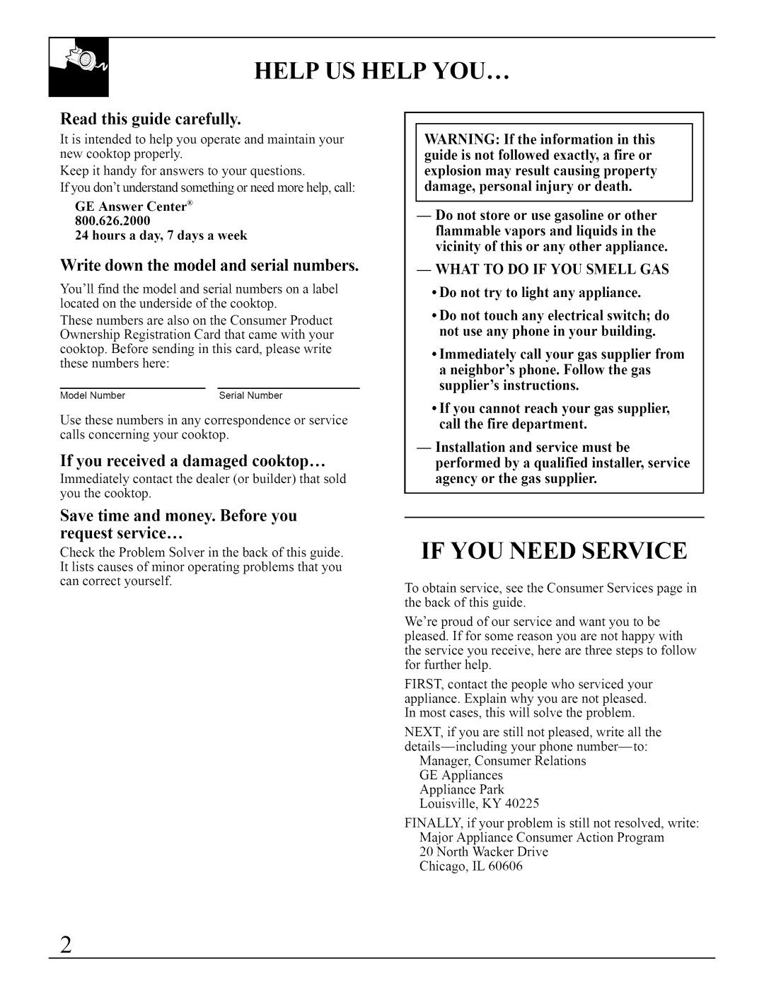 Bosch Appliances JGP641, JGP640 If YOU Need Service, Read this guide carefully, Write down the model and serial numbers 