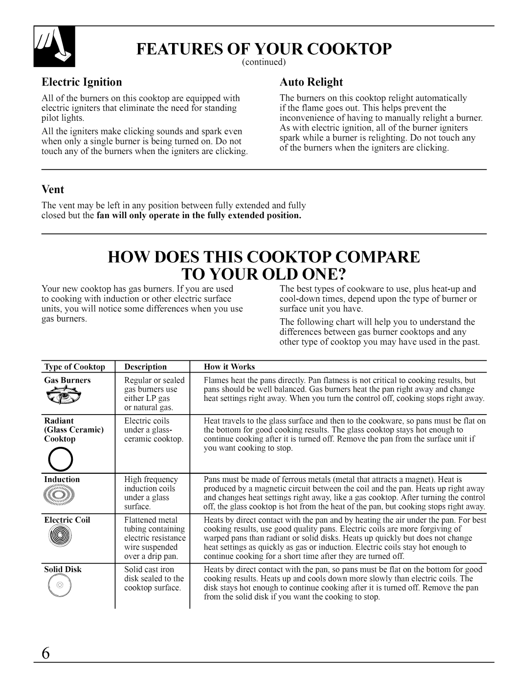 Bosch Appliances JGP641, JGP640 installation instructions HOW does this Cooktop Compare, To Your OLD ONE?, Auto Relight 