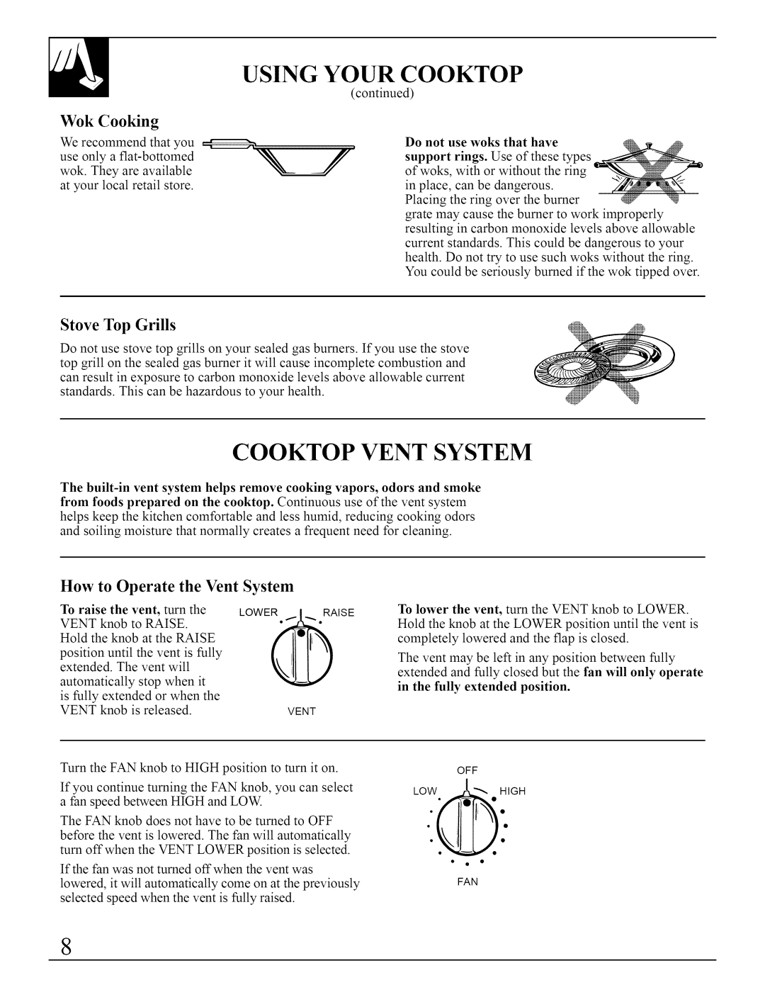 Bosch Appliances JGP641, JGP640 Using Your, Cooktop Vent System, Wok Cooking, How to Operate the Vent System 