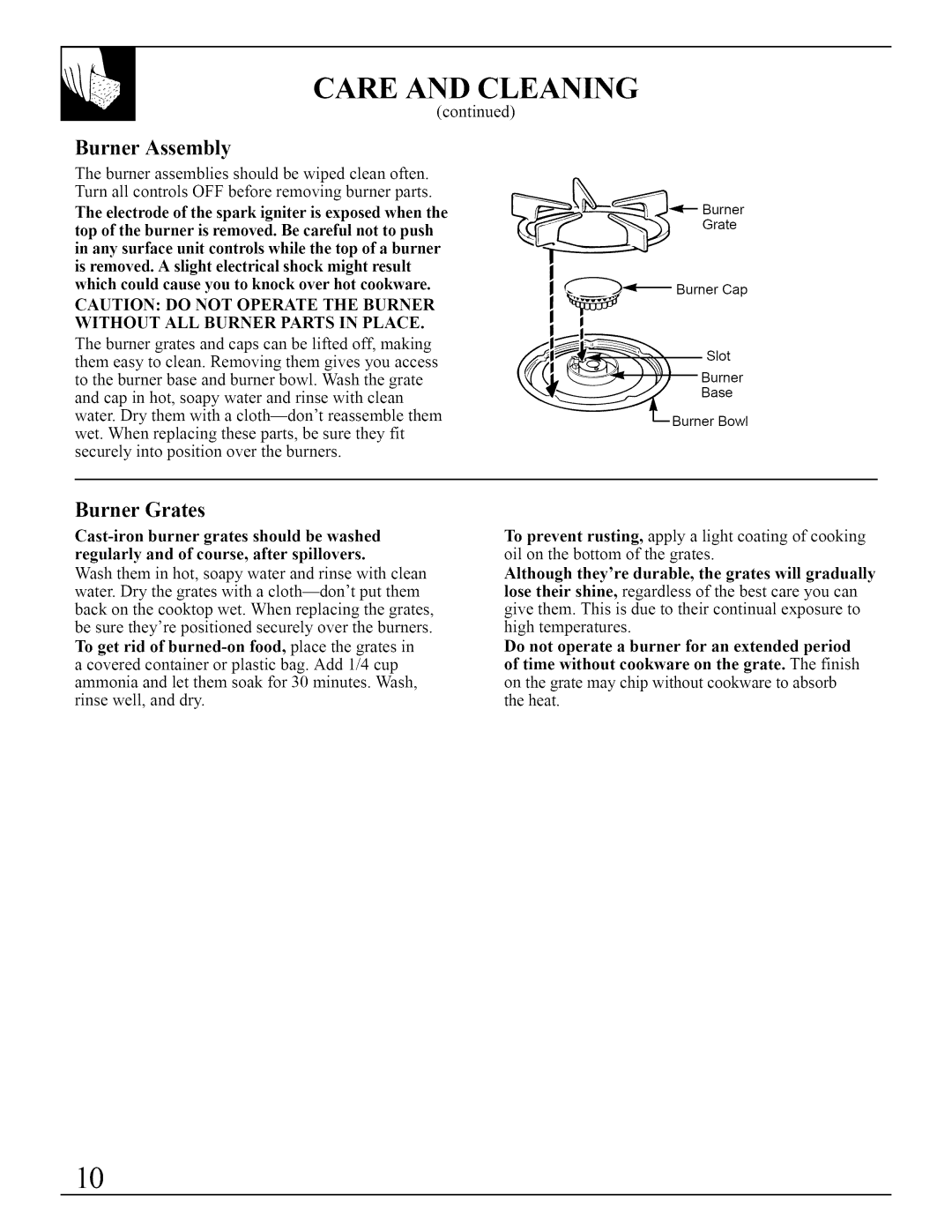 Bosch Appliances JGP641, JGP640 installation instructions Burner Assembly, Burner Grates, s,ot, Care And Cleaning 