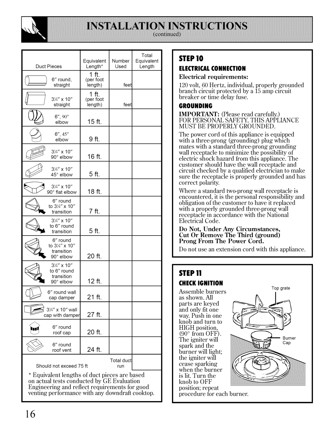 Bosch Appliances JGP641, JGP640 installation instructions STEP!0, Step, Electricalconnection, Grounding, Checkignition 