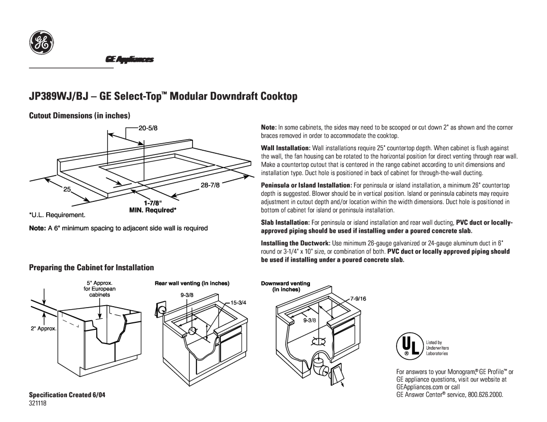 Bosch Appliances JP389WJ/BJ GEAppliances, Cutout Dimensions in inches, Preparing the Cabinet for Installation, 20-5/8 
