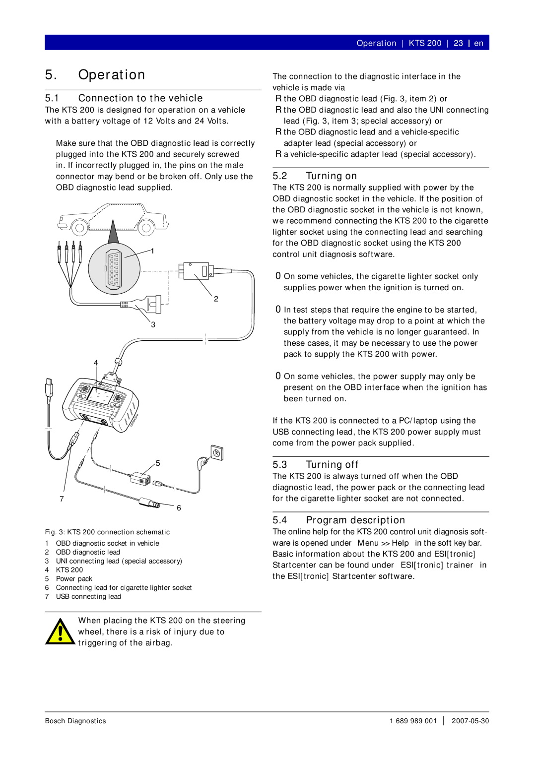 Bosch Appliances KTS 200 Operation, Connection to the vehicle, Turning on, Turning off, Program description 