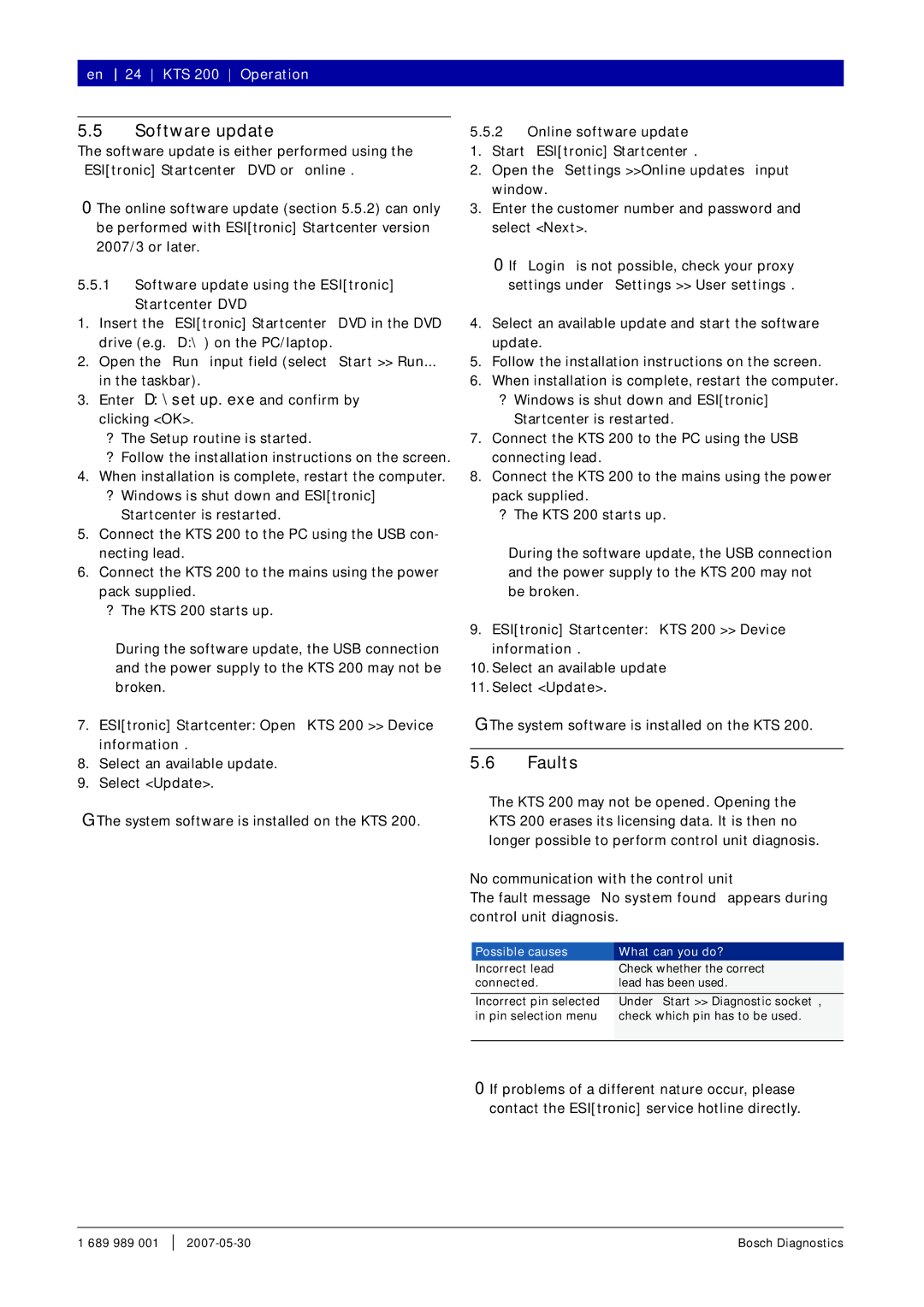 Bosch Appliances instruction manual Software update, Faults, KTS 200 Operation, Possible causes What can you do? 