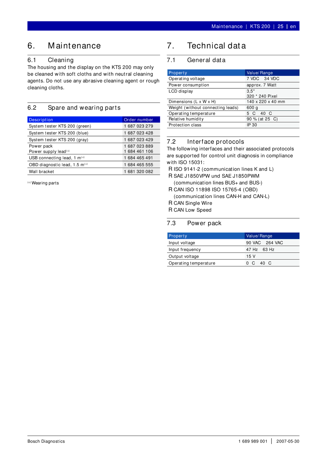 Bosch Appliances KTS 200 instruction manual Maintenance Technical data 