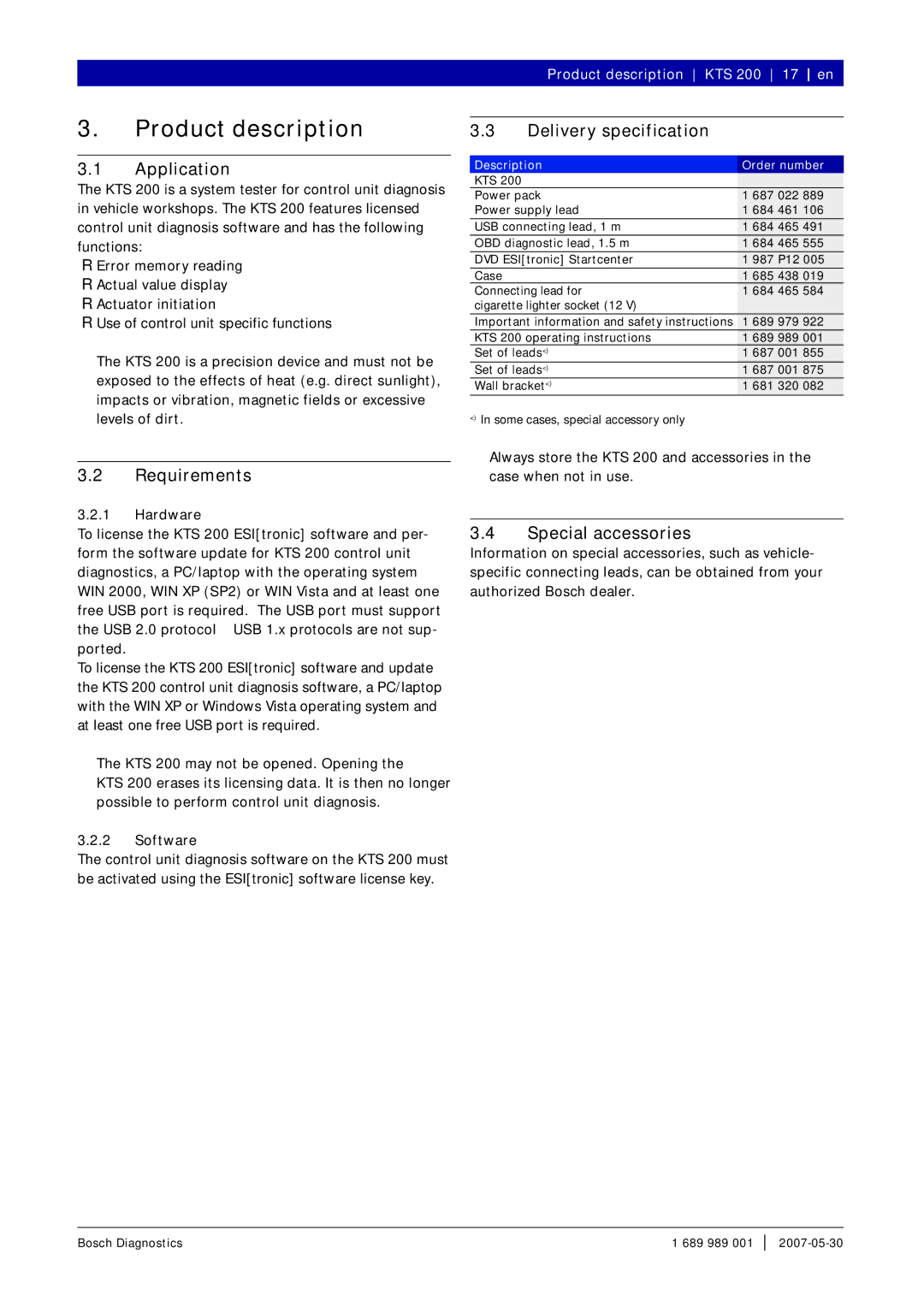 Bosch Appliances KTS 200 Product description, Application, Requirements, Delivery specification, Special accessories 