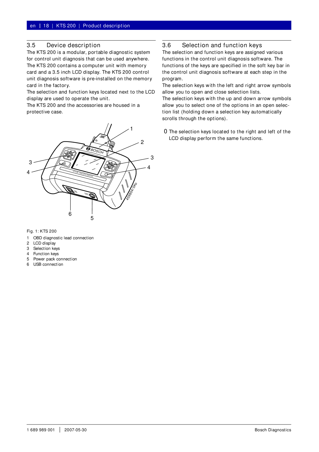 Bosch Appliances instruction manual Device description, Selection and function keys, KTS 200 Product description 