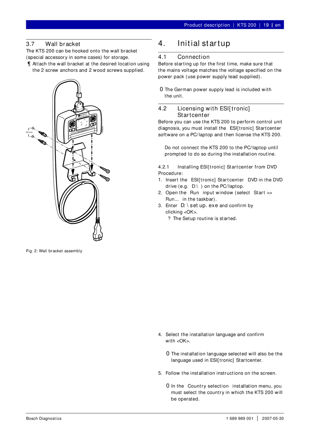 Bosch Appliances KTS 200 instruction manual Initial startup, Wall bracket, Connection, Licensing with ESItronic Startcenter 