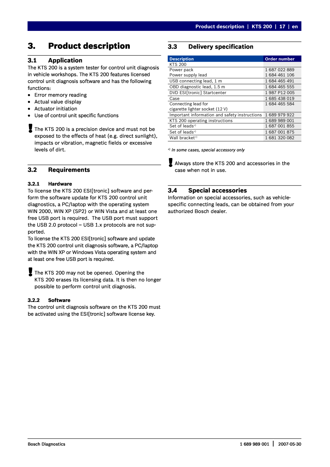 Bosch Appliances KTS 200 instruction manual Product description, 3.1Application, 3.2Requirements, Delivery specification 