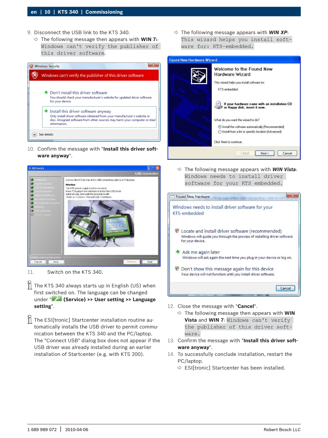 Bosch Appliances manual KTS 340 Commissioning, Under Service User setting Language setting 