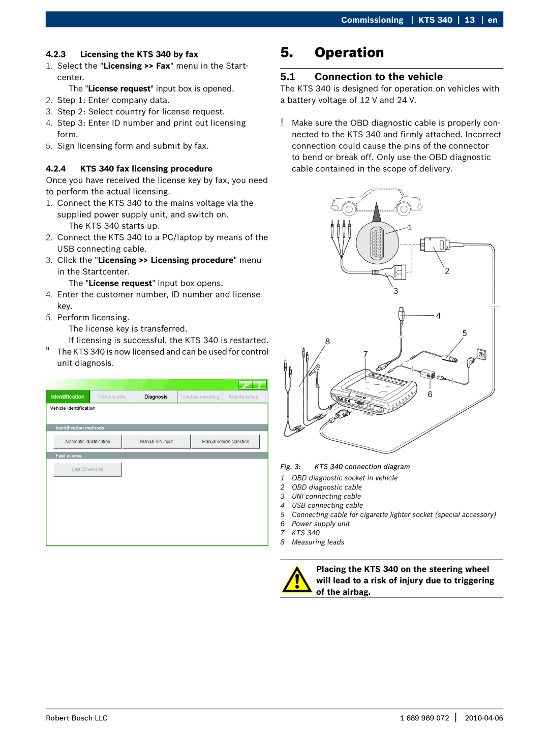 Bosch Appliances Operation, Connection to the vehicle, Licensing the KTS 340 by fax, KTS 340 fax licensing procedure 