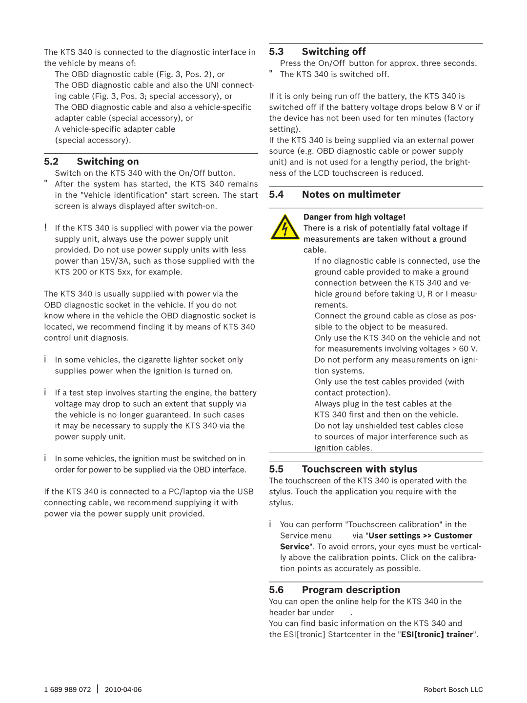 Bosch Appliances manual Switching on, Switching off, Touchscreen with stylus, Program description, KTS 340 Operation 