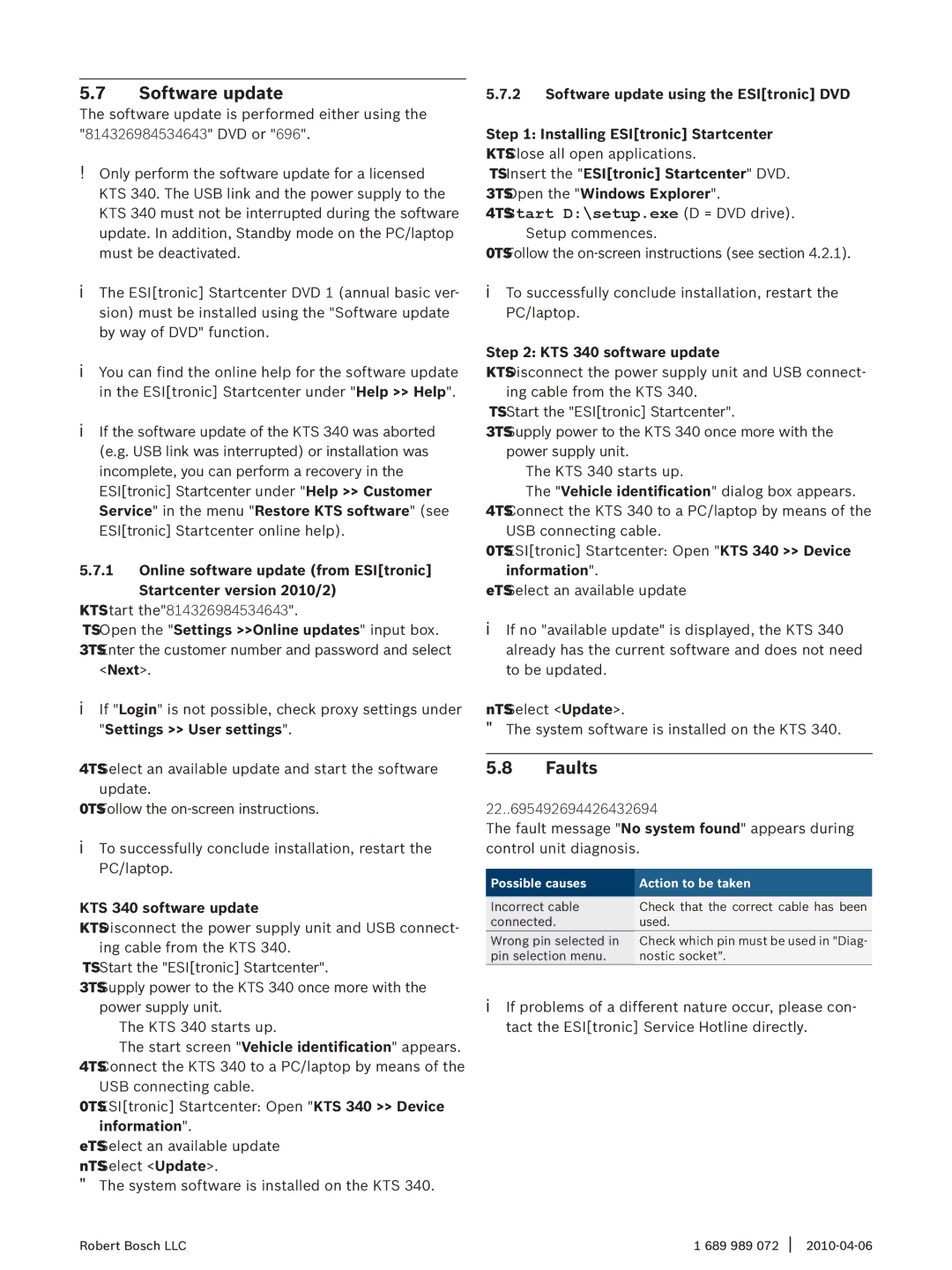 Bosch Appliances KTS 340 manual Software update, Faults, Operation TS, Open the Settings Online updates input box 