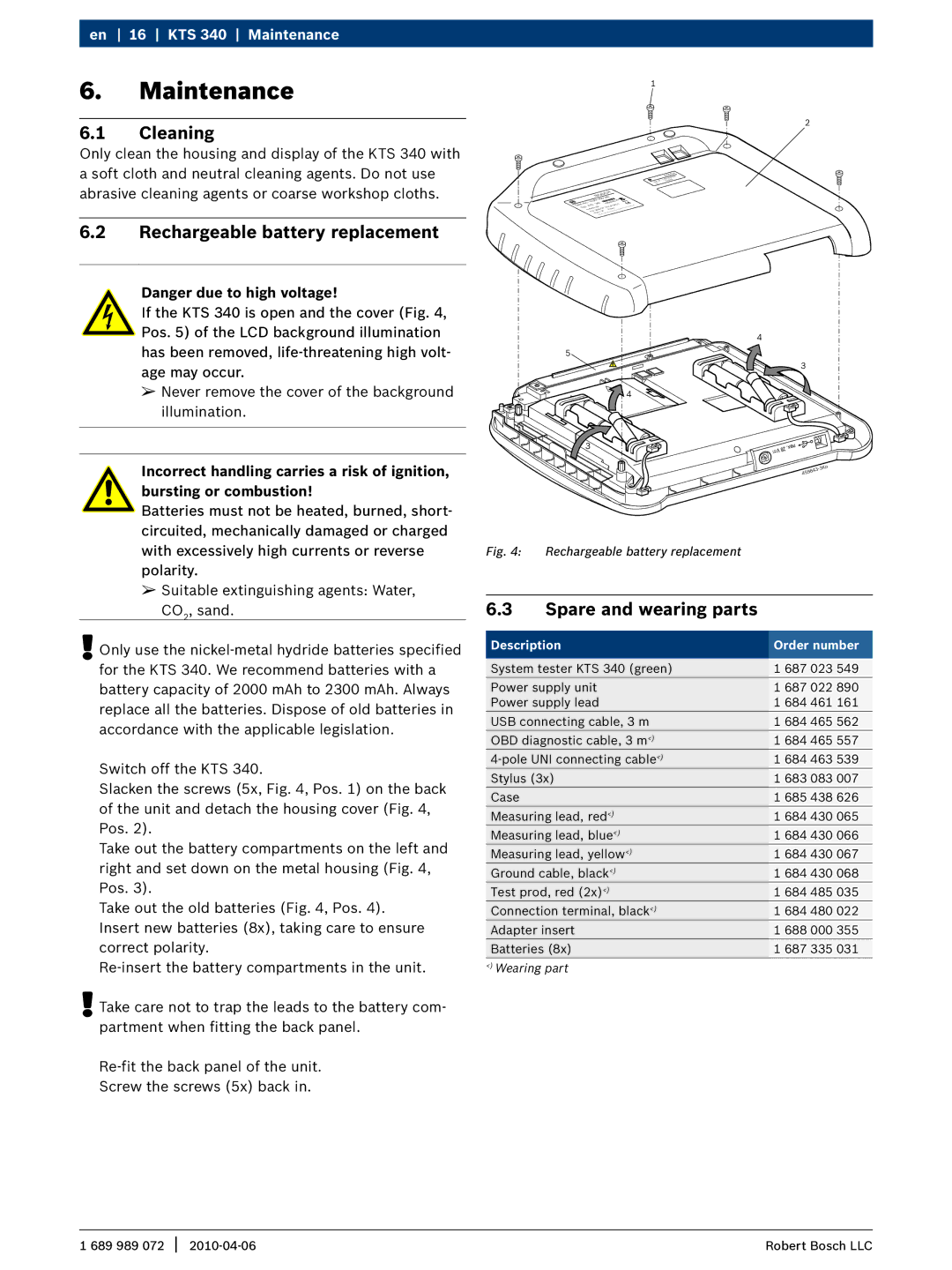 Bosch Appliances KTS 340 manual Maintenance, Cleaning, Rechargeable battery replacement, Spare and wearing parts 