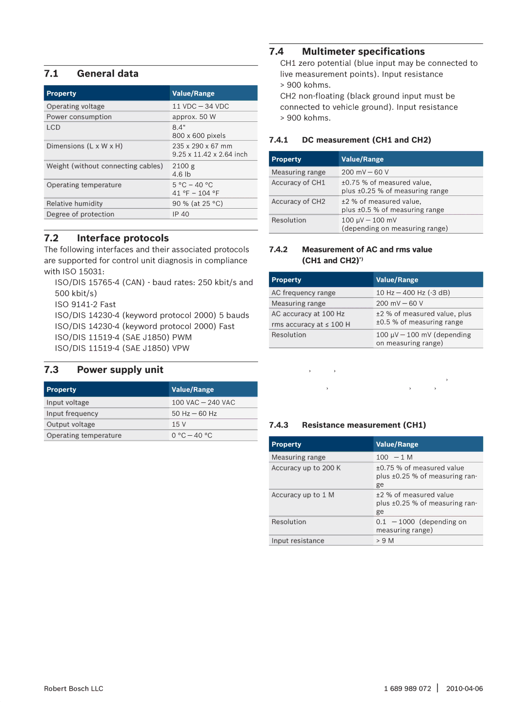 Bosch Appliances KTS 340 Technical data, General data, Interface protocols, Power supply unit, Multimeter specifications 