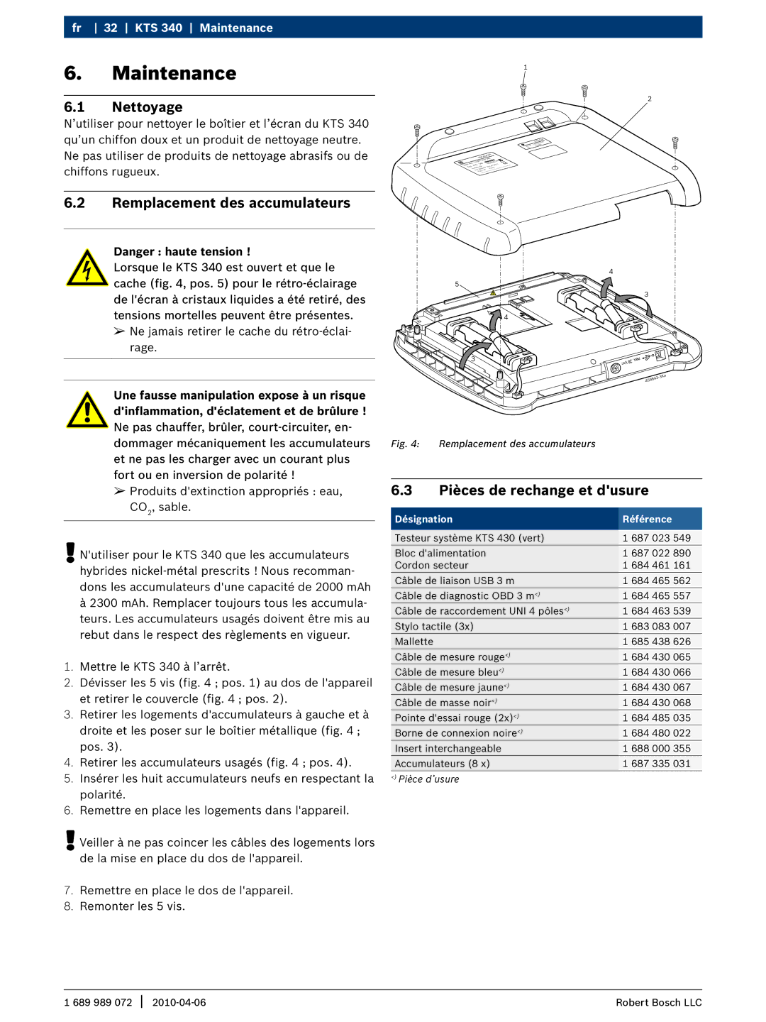 Bosch Appliances KTS 340 manual Nettoyage, Remplacement des accumulateurs, Pièces de rechange et dusure 