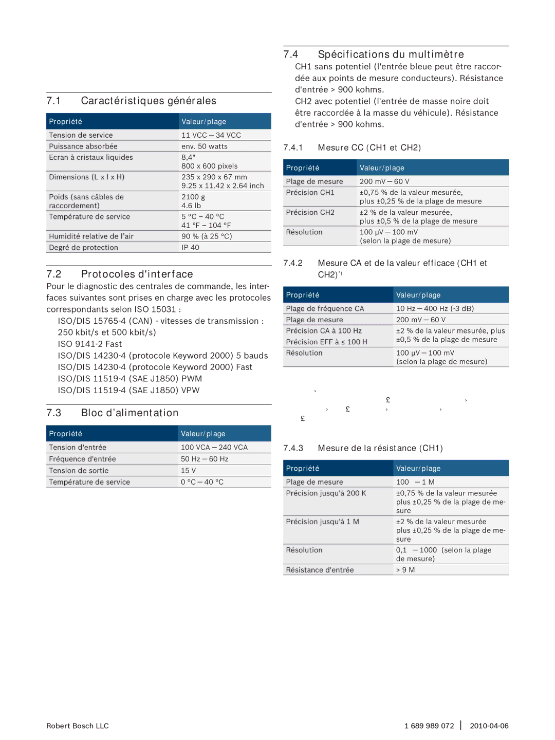 Bosch Appliances KTS 340 manual Caractéristiques techniques, Caractéristiques générales, Protocoles dinterface 