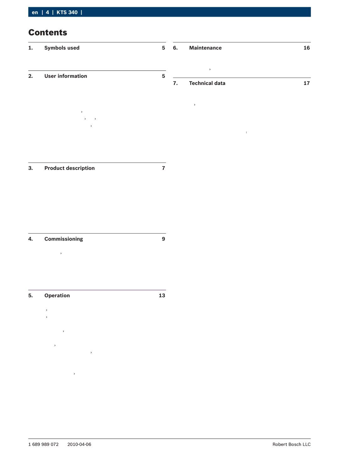 Bosch Appliances KTS 340 manual Contents 