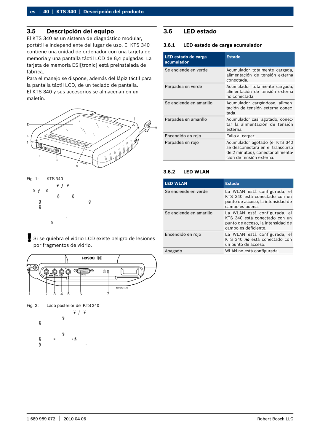 Bosch Appliances manual Descripción del equipo, KTS 340 Descripción del producto, LED estado de carga acumulador 