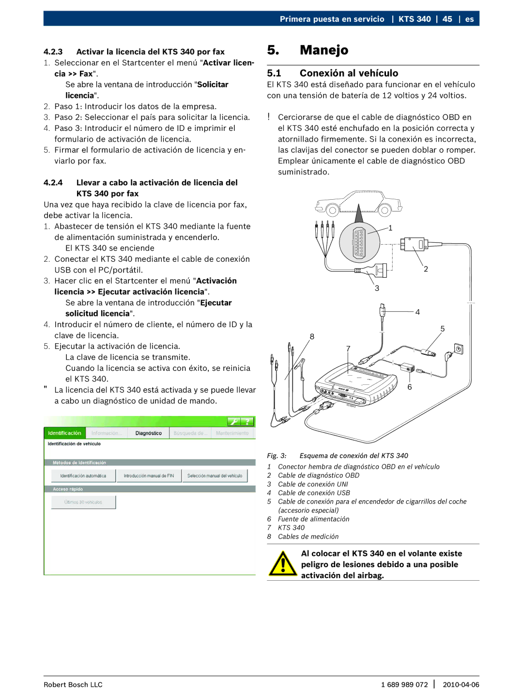 Bosch Appliances KTS 340 manual Manejo, Conexión al vehículo 