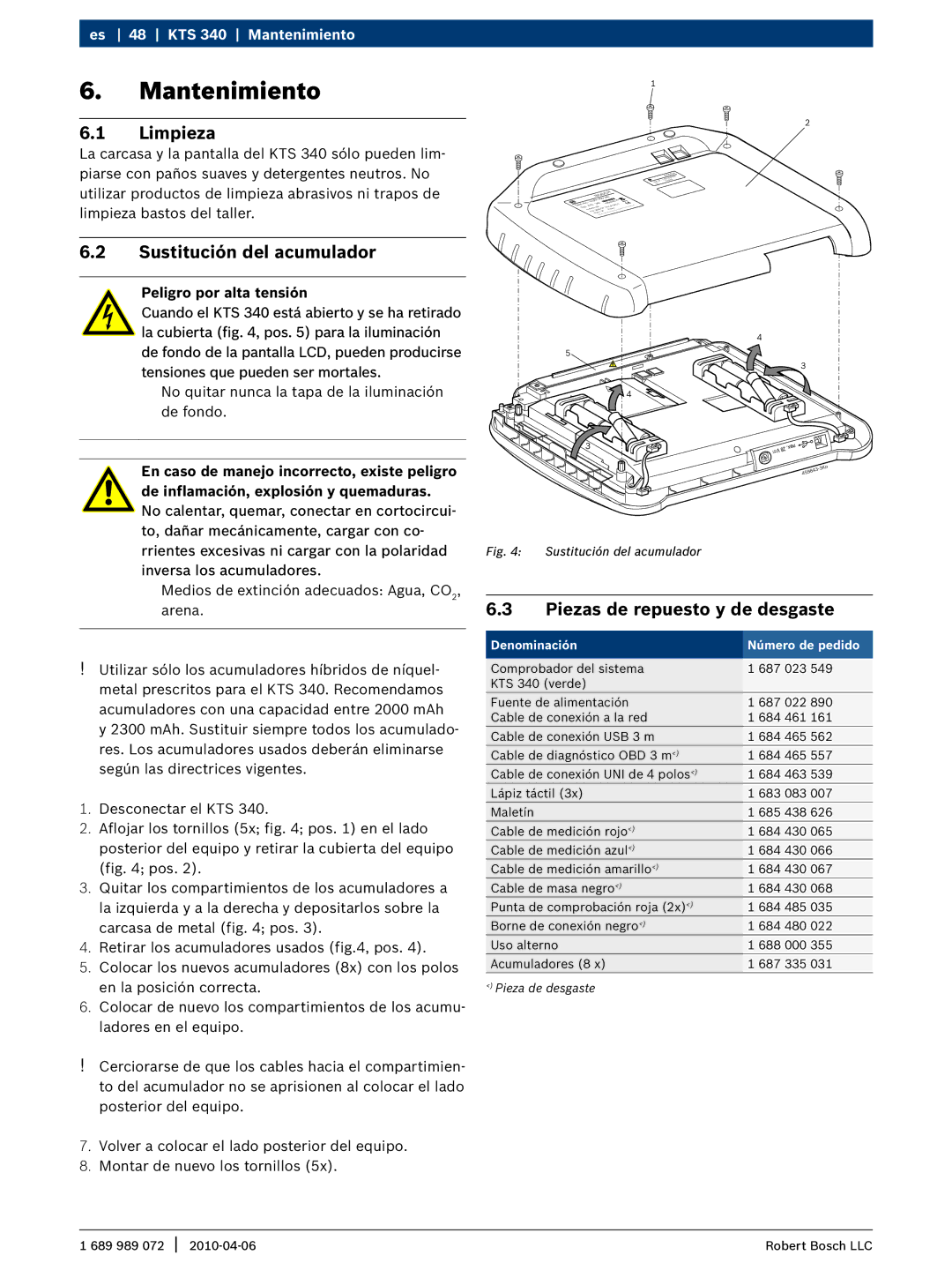 Bosch Appliances KTS 340 manual Mantenimiento, Limpieza, Sustitución del acumulador, Piezas de repuesto y de desgaste 