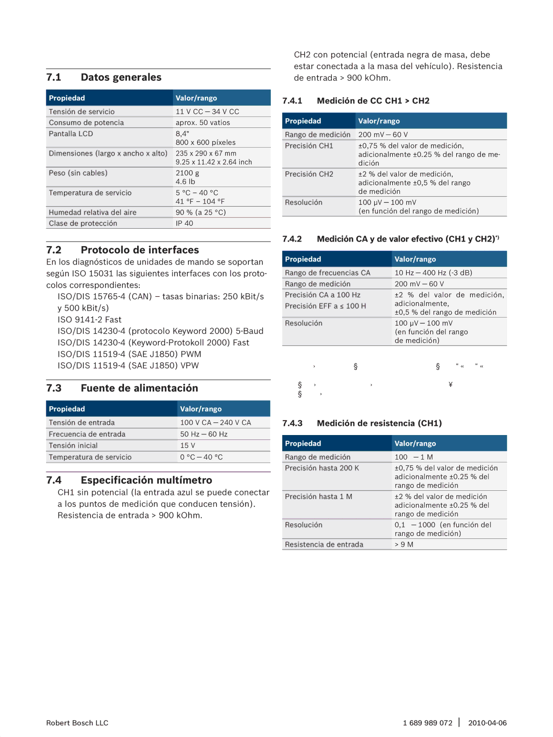 Bosch Appliances KTS 340 manual Datos técnicos, Datos generales, Protocolo de interfaces, Fuente de alimentación 