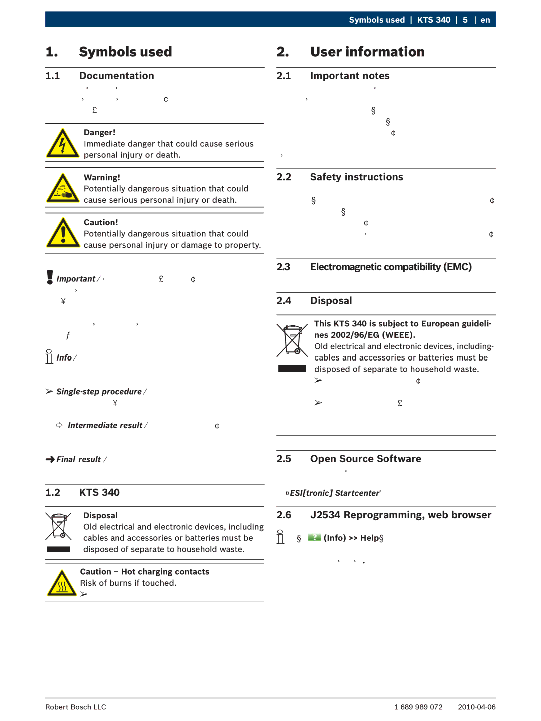 Bosch Appliances KTS 340 manual Symbols used, User information 