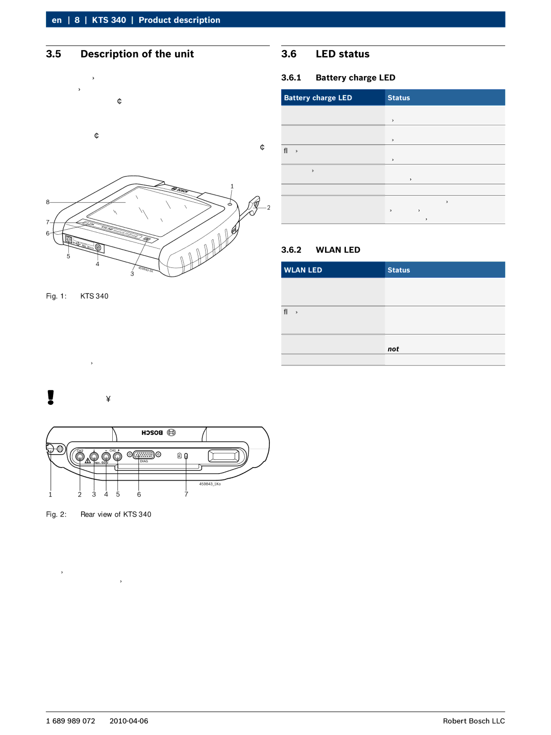 Bosch Appliances manual Description of the unit, LED status, KTS 340 Product description, Battery charge LED, Wlan LED 