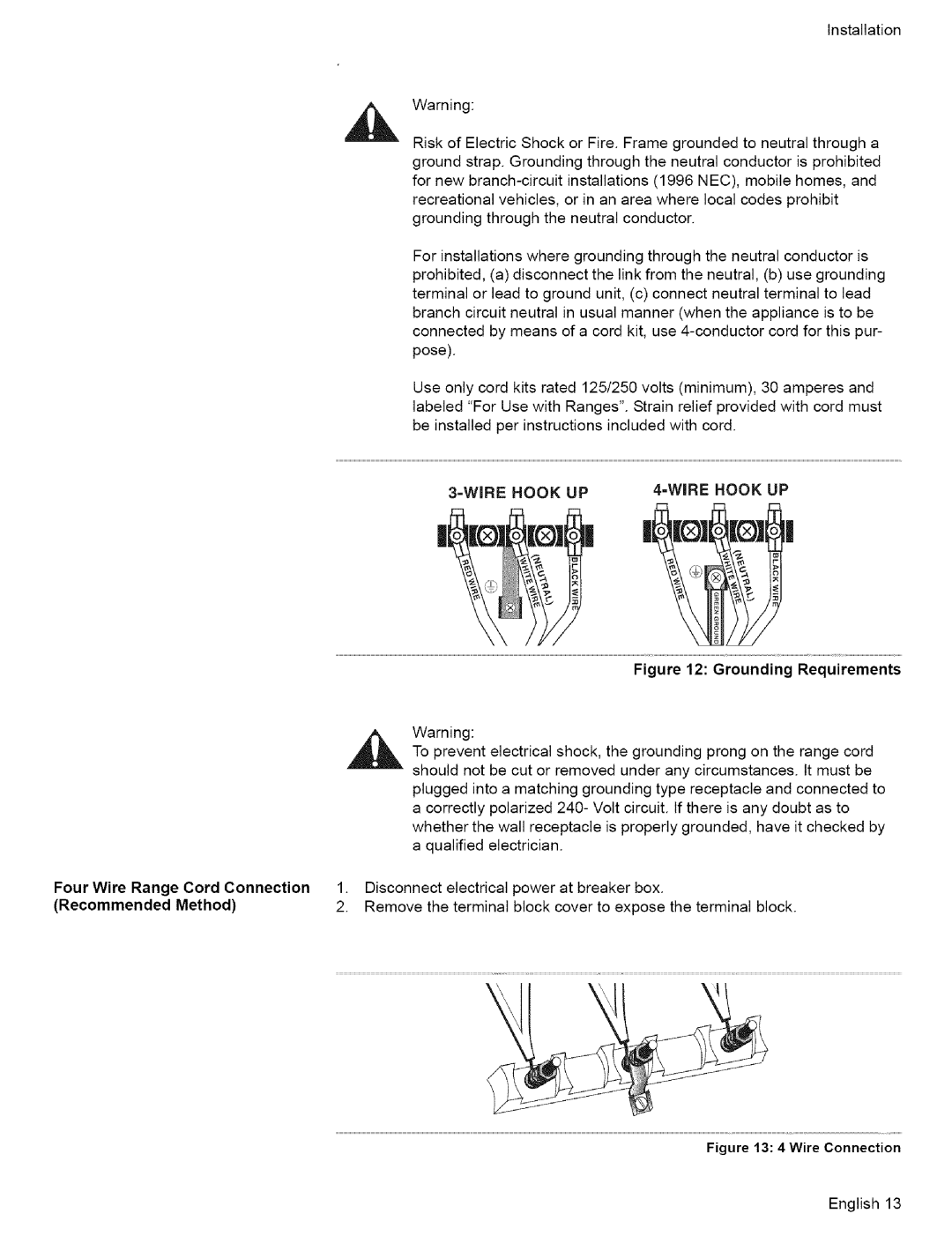 Bosch Appliances L0609466 manual Four Wire Range Cord Connection, Recommended Method 