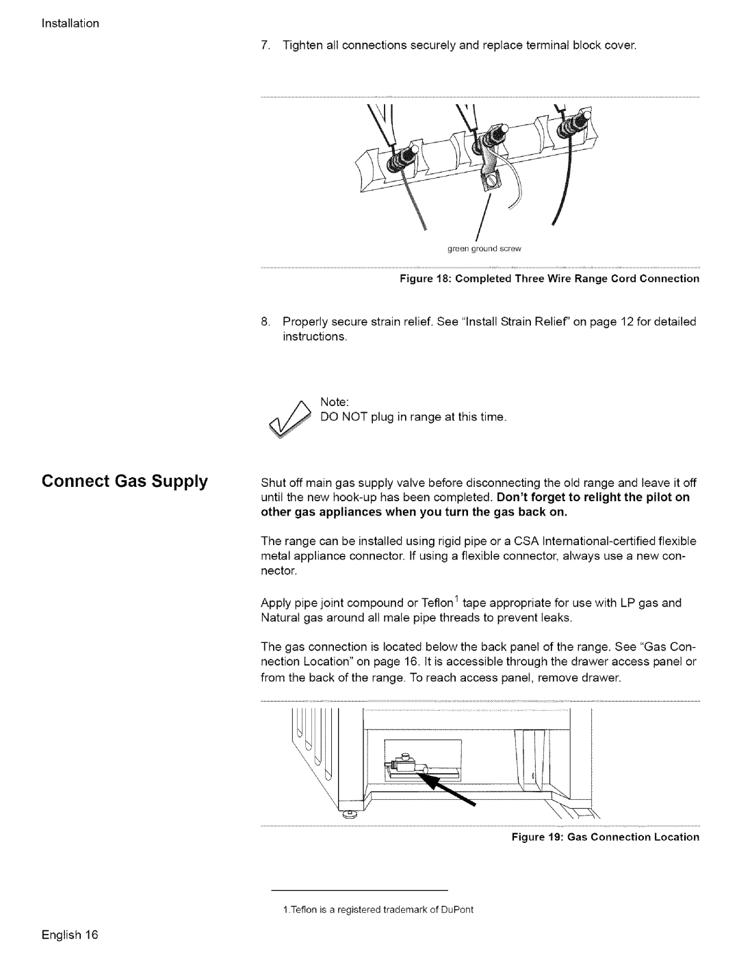 Bosch Appliances L0609466 manual Connect Gas Supply, Completed Three Wire Range Cord Connection 