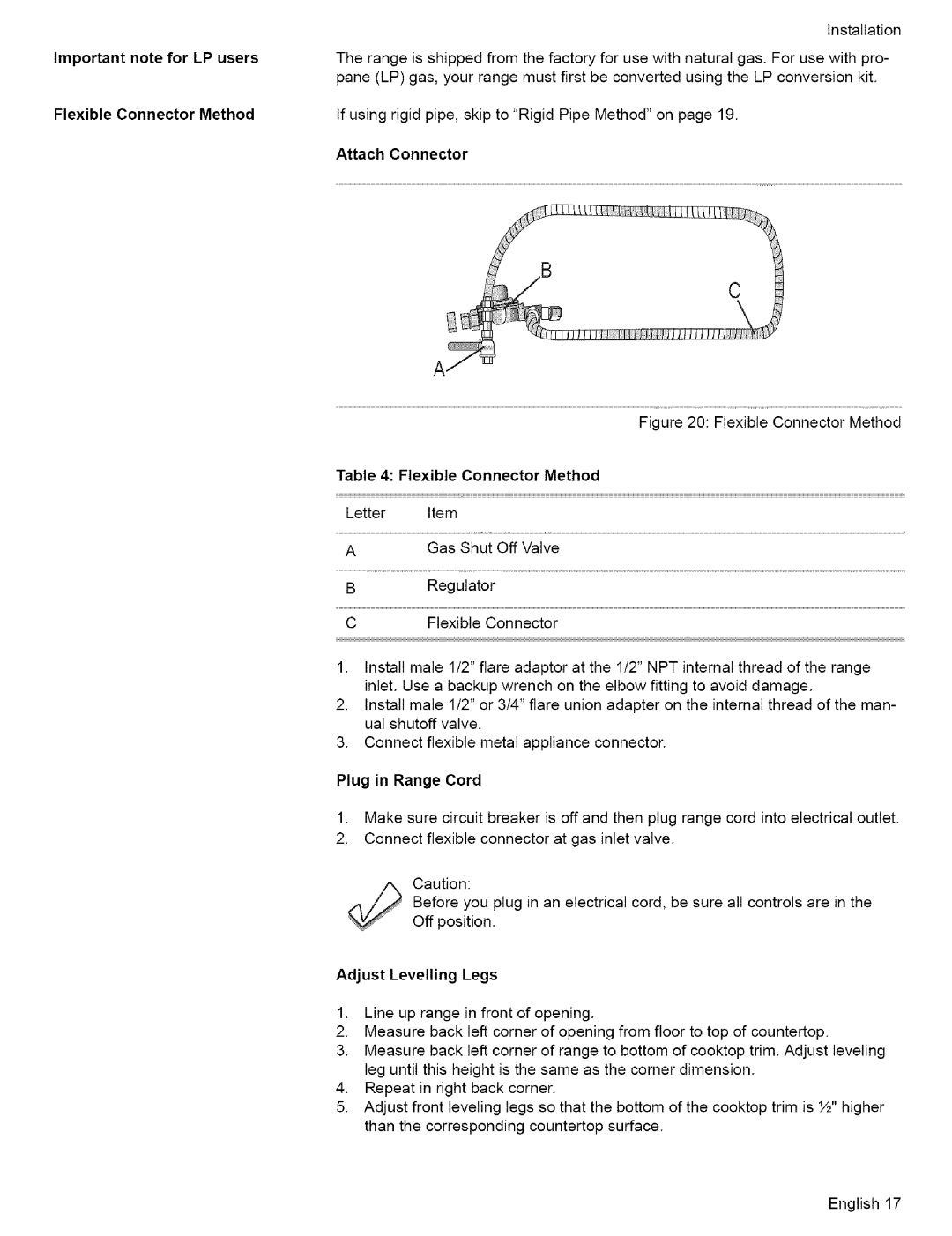 Bosch Appliances L0609466 manual Important note for LP users Flexible Connector Method, Letter Item, Adjust Levelling Legs 