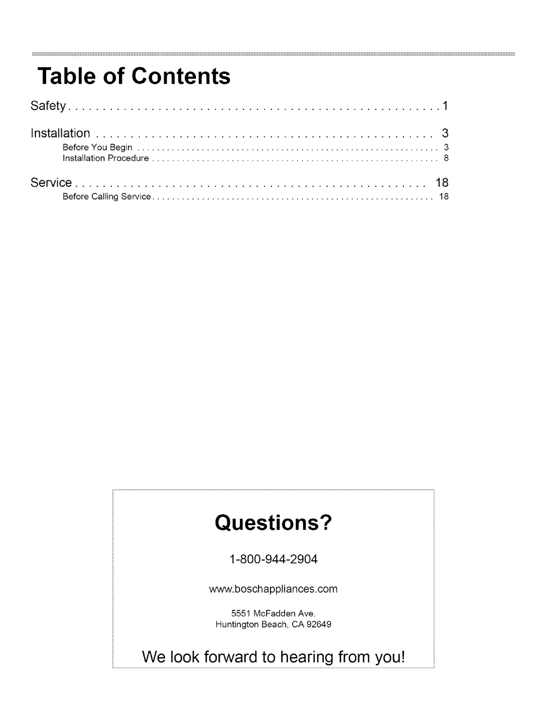 Bosch Appliances L0609466 manual Table of Contents 