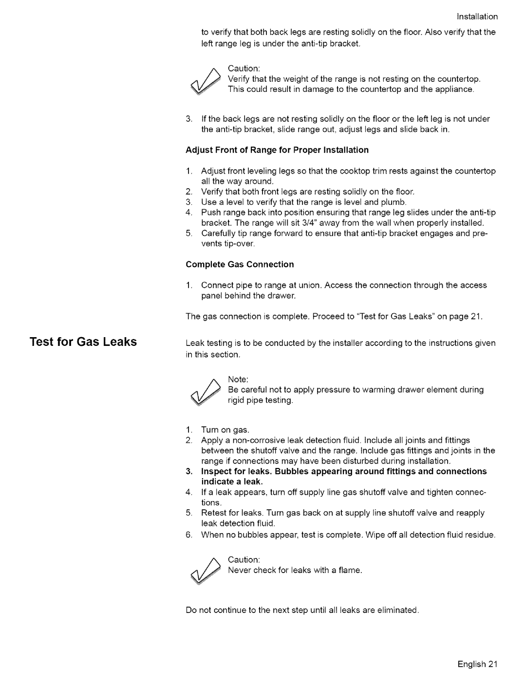 Bosch Appliances L0609466 manual Test for Gas Leaks 