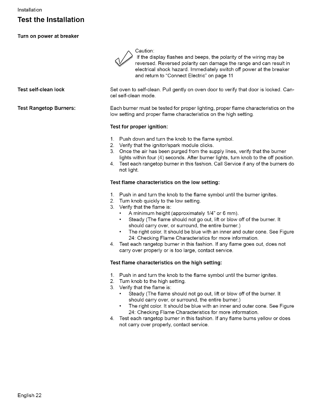 Bosch Appliances L0609466 manual Test for proper ignition, Test flame characteristics on the low setting 