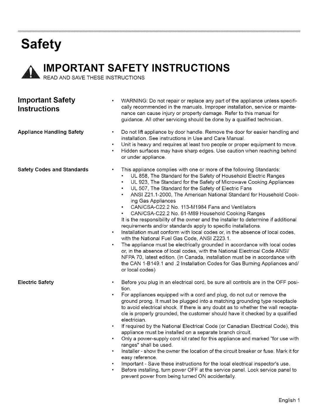 Bosch Appliances L0609466 manual Important Safety Instructions, Appliance Handling Safety, Safety Codes and Standards 