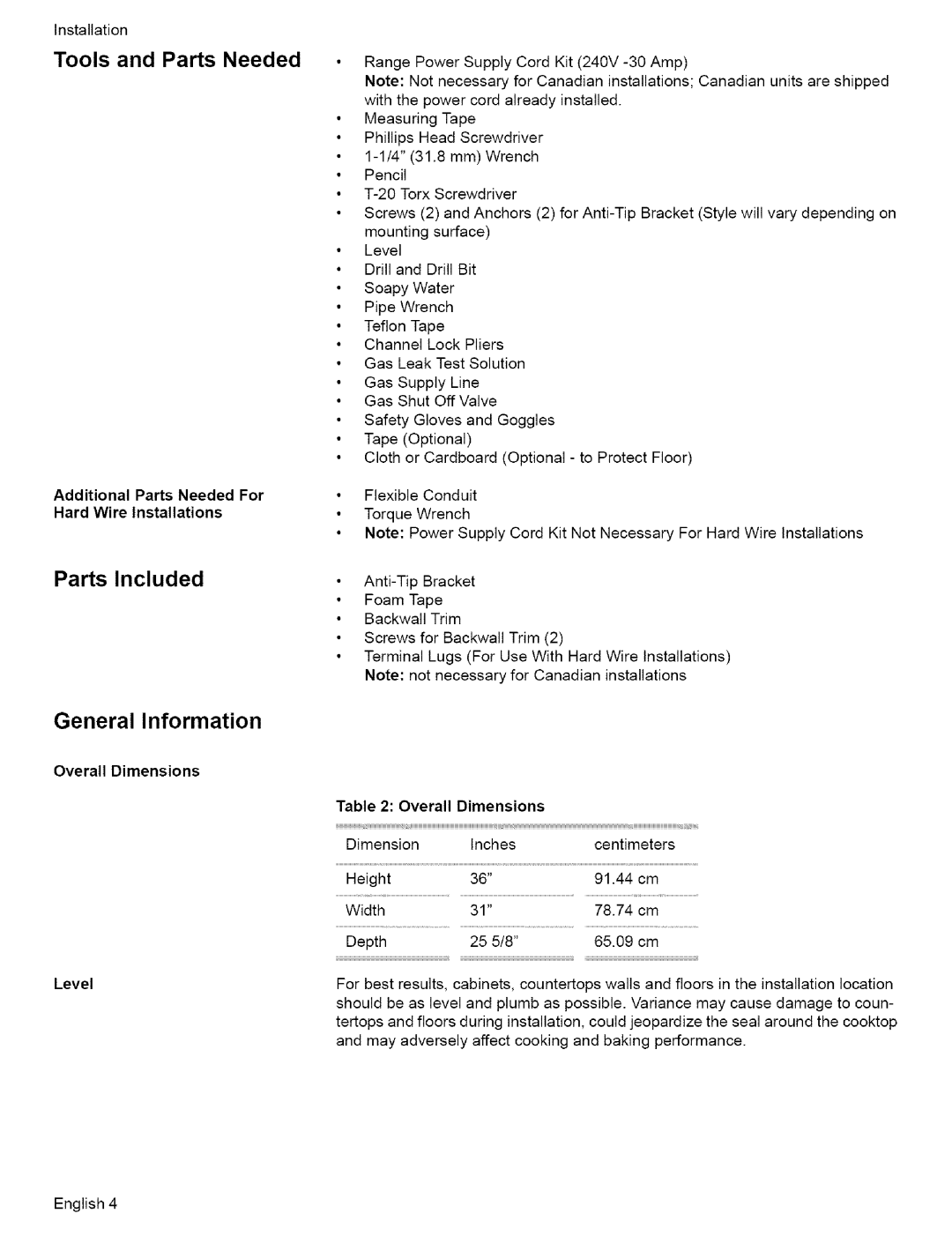 Bosch Appliances L0609466 manual Parts Included, General Information, Additional Parts Needed For Hard Wire Installations 