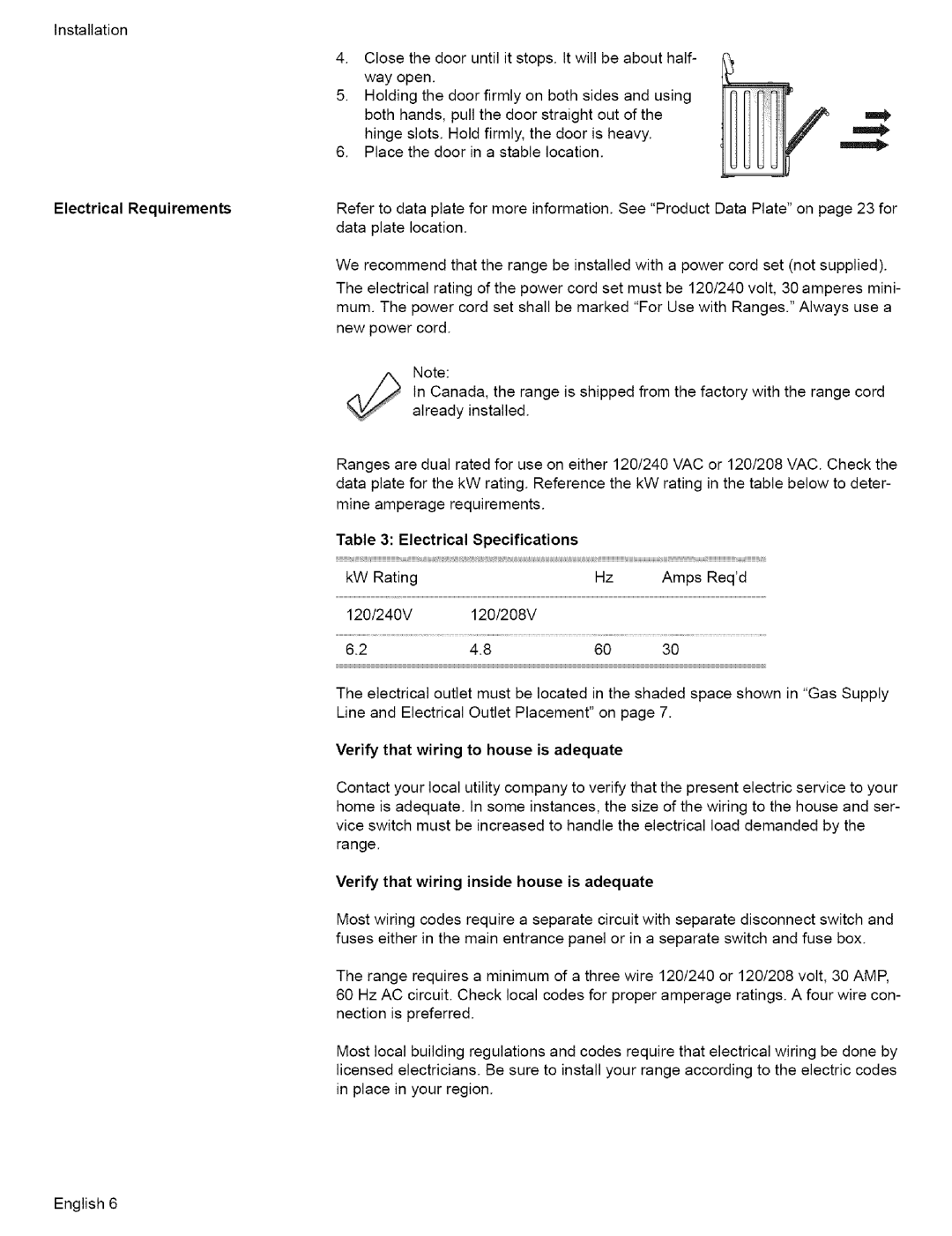 Bosch Appliances L0609466 manual Electrical Specifications, Verify that wiring to house is adequate 