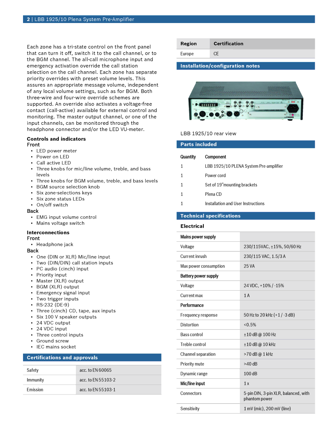 Bosch Appliances LBB 1925/10 manual Certifications and approvals, Installation/configuration notes, Parts included 