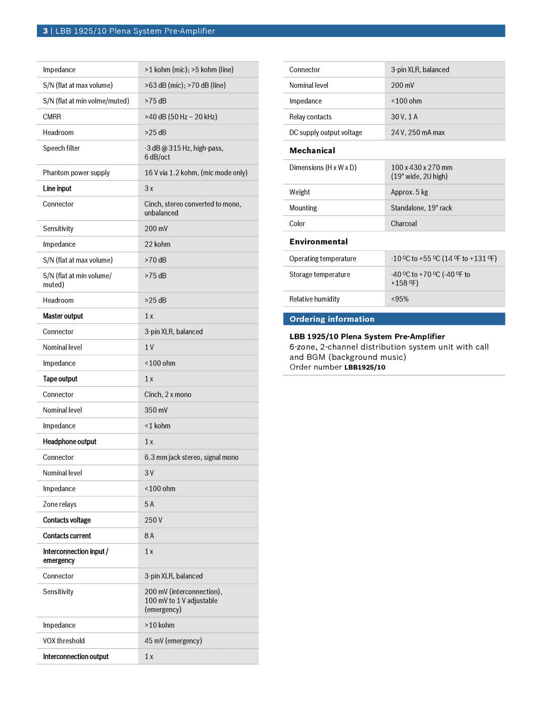 Bosch Appliances LBB 1925/10 manual Mechanical, Environmental, Ordering information 